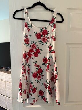 H&M White Mini Dress with Red Rose Print